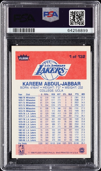 1986 Fleer Kareem Abdul-Jabbar No. 1 PSA 8