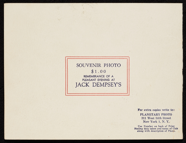 Jack Dempsey Signed Restaurant Menu Photo (PSA/DNA)