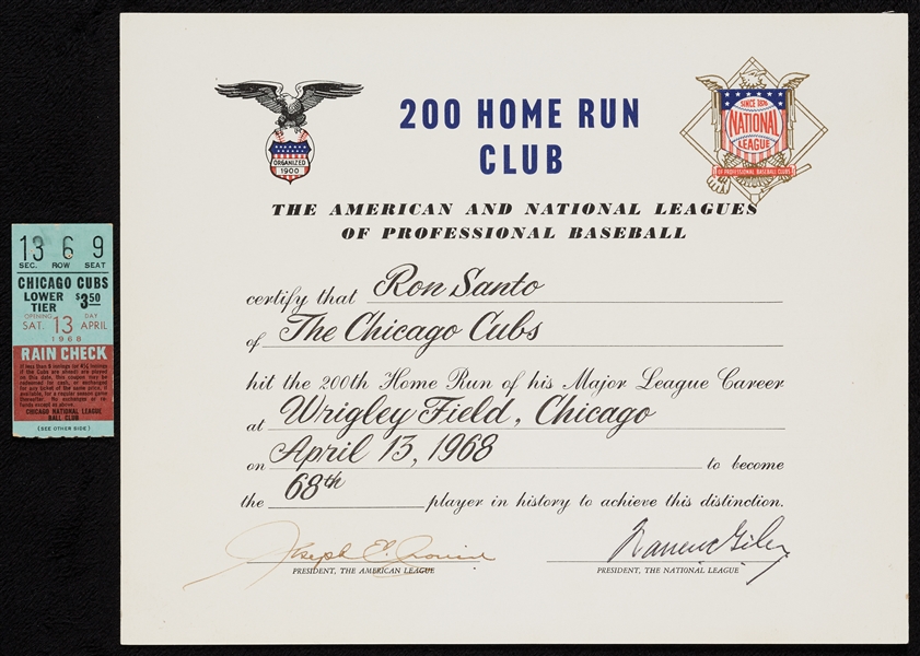 Ron Santo's 200 Home Run Club Certificate Signed by Cronin & Giles (BAS)