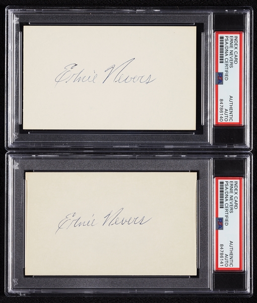 Ernie Nevers Signed 3x5 Index Cards Pair (PSA/DNA) (2)