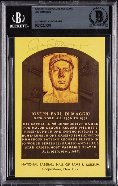 Joe DiMaggio Signed Yellow HOF Plaque Postcard (BAS)