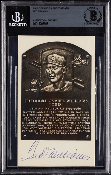 Ted Williams Signed Index Card HOF Plaque Display (BAS)