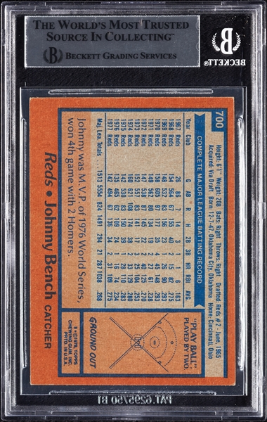 Johnny Bench Signed 1978 Topps No. 700 (BAS)