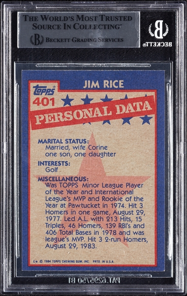 Jim Rice Signed 1984 Topps No. 401 (BAS)