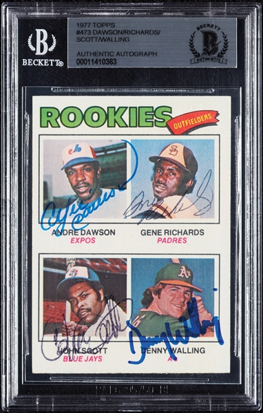 Complete Signed 1977 Topps Rookie Outfielders with Andre Dawson, Richards, Scott & Walling RC No. 473 (BAS)