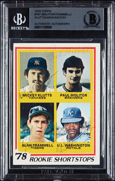 Complete Signed 1978 Topps Rookie SS with Paul Molitor, Alan Trammell, Klutts & Washington RC No. 707 (BAS)