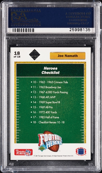 Joe Namath Signed 1991 Upper Deck Heroes No. 18 (2185/2500) (PSA/DNA)