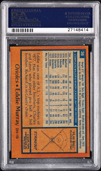 Eddie Murray Signed 1978 Topps RC No. 36 (Graded PSA/DNA 10)