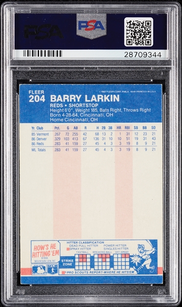 Barry Larkin Signed 1987 Fleer RC No. 204 (PSA/DNA)