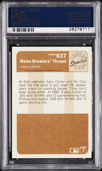 Bo Diaz & Gary Carter Signed 1983 Fleer Base Stealers' Threat No. 637 (PSA/DNA)
