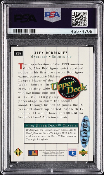 Alex Rodriguez Signed 1994 Upper Deck Autographs No. 298 (PSA/DNA)