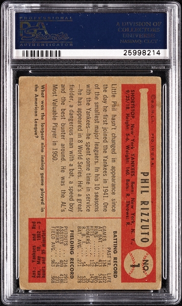 Phil Rizzuto Signed 1954 Bowman No. 1 (PSA/DNA)