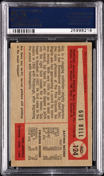 Gus Bell Signed 1954 Bowman (15/27 Errors) No. 124 (PSA/DNA)