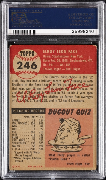 Roy Face Signed 1953 Topps No. 246 (PSA/DNA)