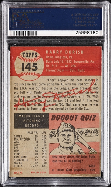 Harry Dorish Signed 1953 Topps No. 145 (PSA/DNA)