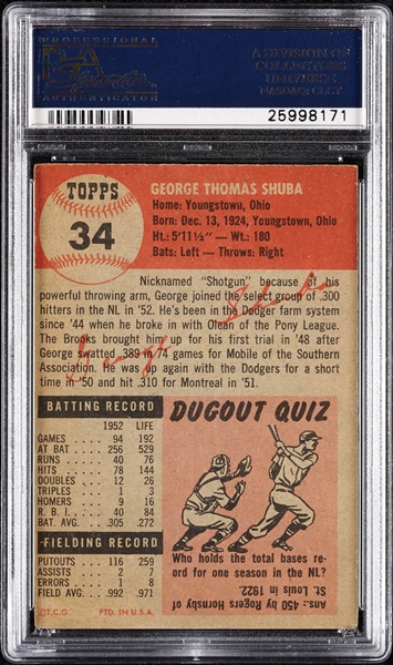 George Shuba Signed 1953 Topps No. 34 (PSA/DNA)