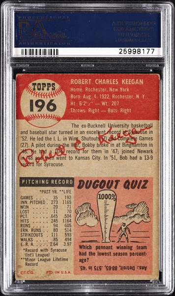 Bob Keegan Signed 1953 Topps No. 196 (PSA/DNA)