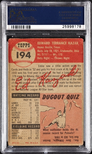 Eddie Kazak Signed 1953 Topps No. 194 (PSA/DNA)