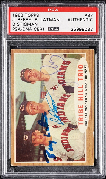 Complete Signed 1962 Topps Tribe Hill Trio with Jim Perry, Barry Latman & Dick Stigman No. 37 (PSA/DNA)
