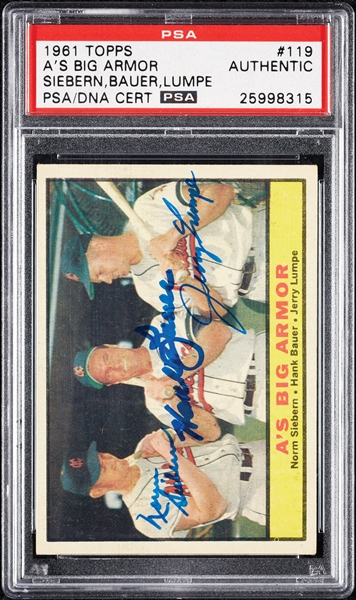 Complete Signed 1961 Topps A's Big Armour with Siebern, Bauer & Lumpe No. 119 (PSA/DNA)