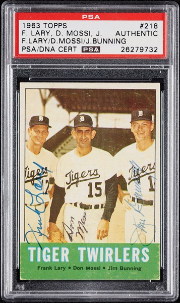 Complete Signed 1963 Topps Tiger Twirlers with Lary, Mossi & Jim Bunning No. 218 (PSA/DNA)