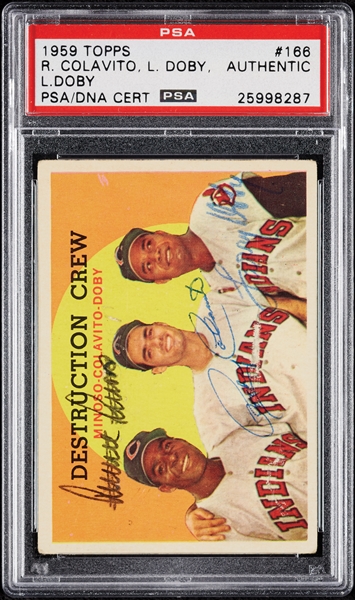 Complete Signed 1959 Topps Destruction Crew with Rocky Colavito, Larry Doby & Minnie Minoso No. 166 (PSA/DNA)