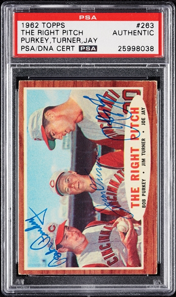 Complete Signed 1962 Topps The Right Pitch with Purkey, Turner & Jay No. 263 (PSA/DNA)
