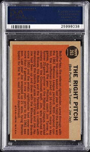 Complete Signed 1962 Topps The Right Pitch with Purkey, Turner & Jay No. 263 (PSA/DNA)