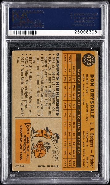 Don Drysdale Signed 1960 Topps No. 475 (PSA/DNA)