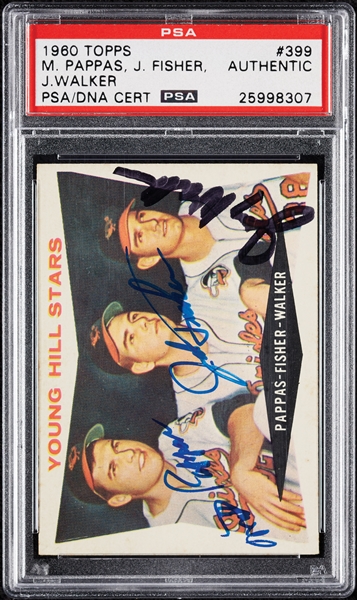 Complete Signed 1960 Topps Young Hill Stars with Milt Pappas, Fisher & Walker No. 399 (PSA/DNA)