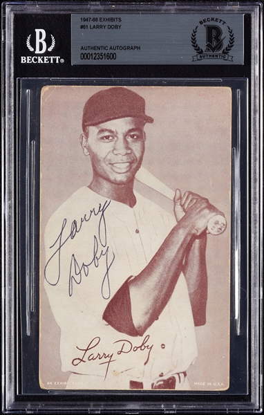 Larry Doby Signed 1947-66 Exhibits Postcard (BAS)