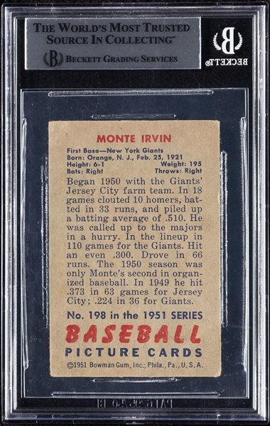 Monte Irvin Signed 1951 Bowman RC No. 198 (BAS)
