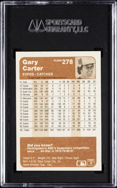 Gary Carter Signed 1983 Fleer No. 278 (SGC)