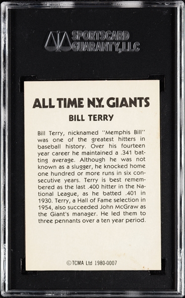Bill Terry Signed 1980 TCMA All Time NY Giants No. 7 (SGC)