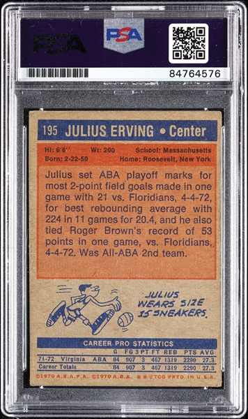 Julius Erving Signed 1972 Topps RC No. 195 (Graded PSA/DNA 10)