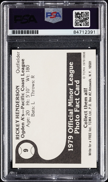 Rickey Henderson Signed 1979 TCMA Ogden A's RC No. 9 (Graded PSA/DNA 10)