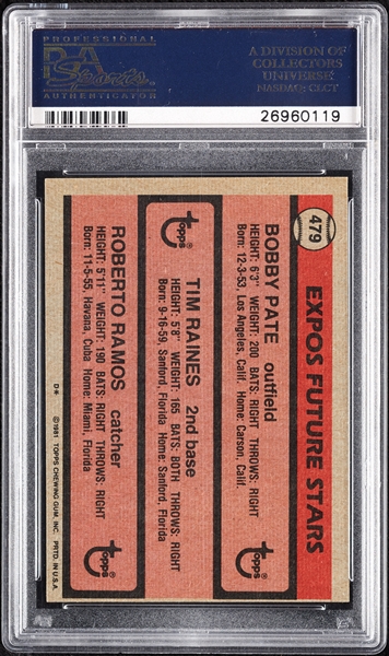 Tim Raines Signed 1981 Topps RC No. 479 (PSA/DNA)