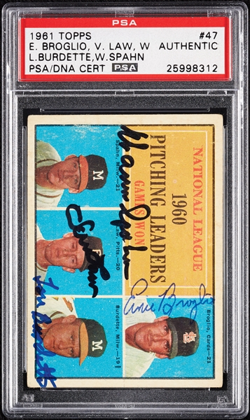 Complete Signed 1961 Topps NL Pitching Leaders with Warren Spahn, Law, Broglio & Burdette No. 47 (PSA/DNA)