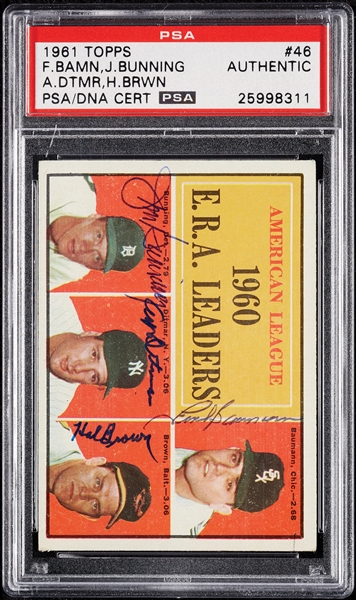 Complete Signed 1961 Topps AL ERA Leaders with Jim Bunning, Ditmar, Baumann & Brown No. 46 (PSA/DNA)