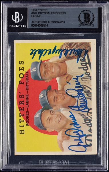 Complete Signed 1959 Topps Hitters' Foes with Don Drysdale, Johnny Podres & Clem Labine No. 262 (BAS)
