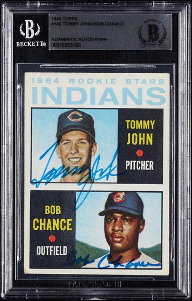 Tommy John & Bob Chance Signed 1964 Topps Indians Rookie Stars RC No. 146 (BAS)