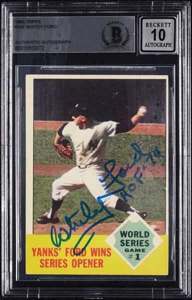 Whitey Ford Signed 1963 Topps WS Game 1 No. 142 (Graded BAS 10)