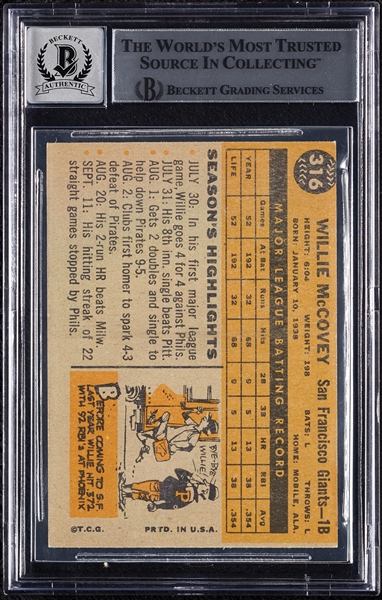 Willie McCovey Signed 1960 Topps RC No. 316 (Graded BAS 10)
