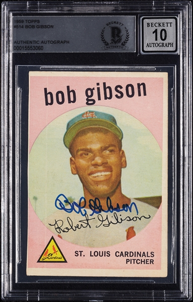 Bob Gibson Signed 1959 Topps RC No. 514 (Graded BAS 10)