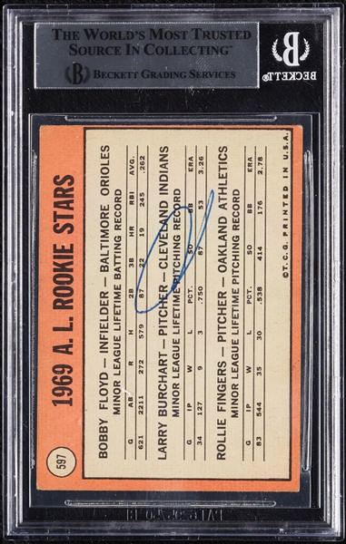 Complete Signed 1969 Topps Rookie Stars with Rollie Fingers, Bob Floyd & Larry Burchart RC No. 597 (BAS)