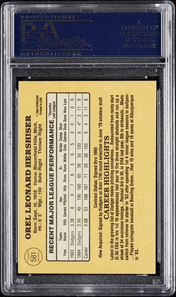 Orel Hershiser Signed 1985 Donruss No. 581 RC (PSA/DNA)