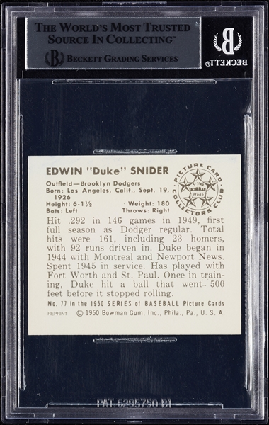 Duke Snider Signed 1986 Card Collector Company 1950 Bowman Reprint (BAS)