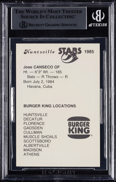 Jose Canseco Signed 1985 Burger King Huntsville Stars RC (BAS)