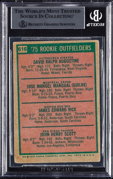 Complete Signed 1975 Topps Rookie Outfielders with Jim Rice, Augustine, Scott & Mangual RC No. 616 (BAS)