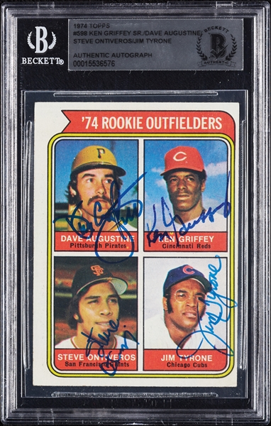 Complete Signed 1974 Topps Rookie Outfielders with Ken Griffey, Augustine, Ontiveros & Tyrone RC No. 598 (BAS)